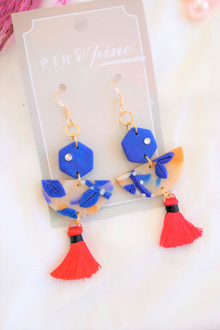 [HANDCRAFTED] Clay Red Tassel Earrings in Blue